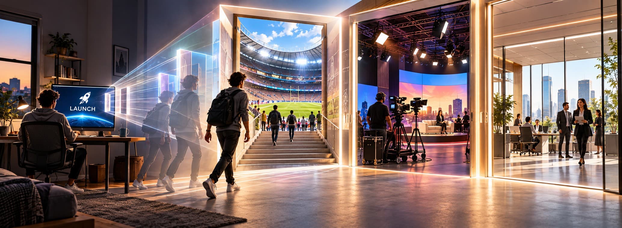 A student completes a workplace scenario, then walks toward three open doors: a stadium, a broadcast studio and a corporate office