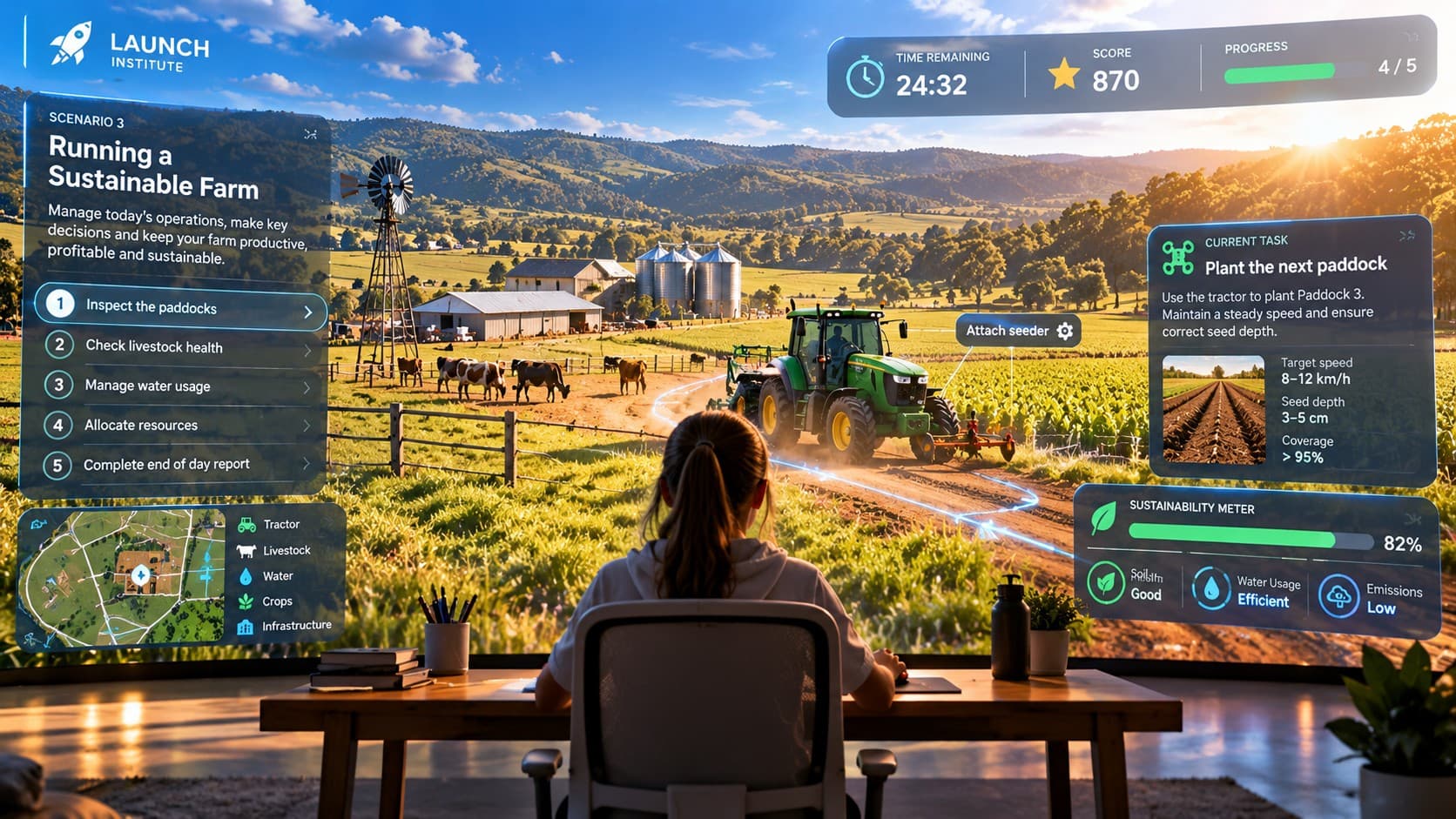 A student at a desk in front of a giant screen, running a sustainable farm scenario on Launch